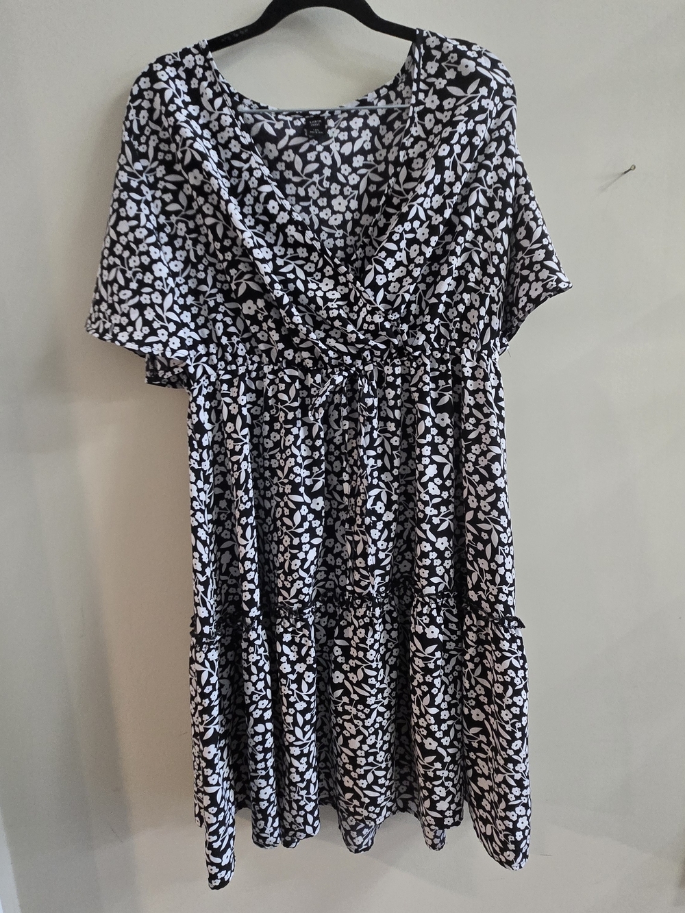 Black & White Floral Babydoll Dress Plus Size 1X Boho Cottagecore Mini Dress